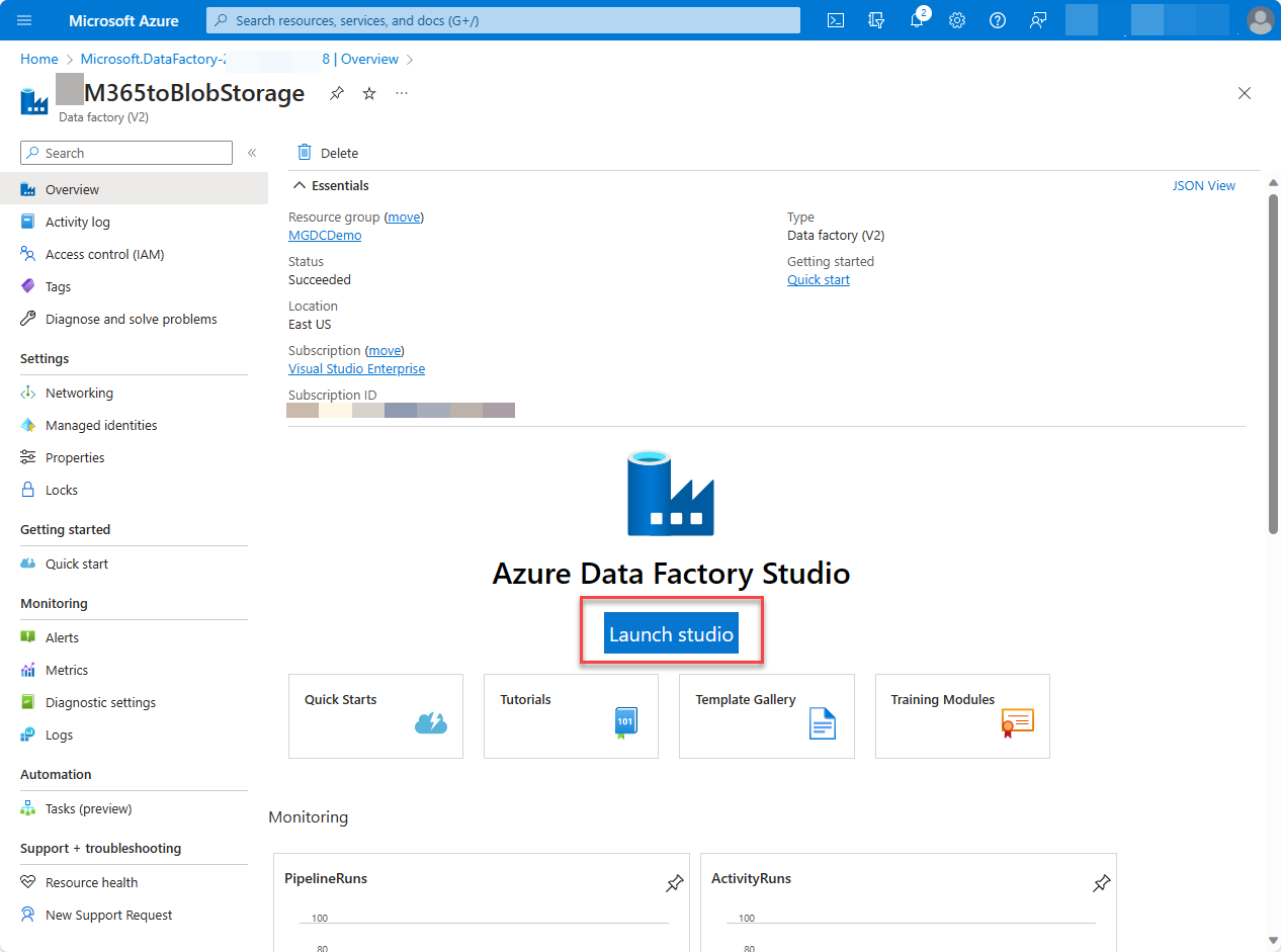 Capture d’écran de la page du service Data Factory du portail Azure avec l’option Ouvrir Azure Data Factory Studio mise en évidence.