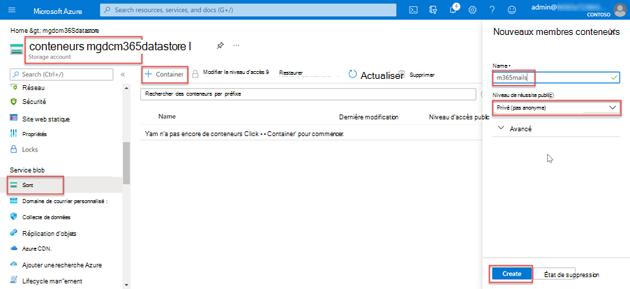 Capture d’écran montrant la création d’un conteneur appelé m365mails dans les conteneurs d’objets blob de compte de stockage dans le portail Azure.