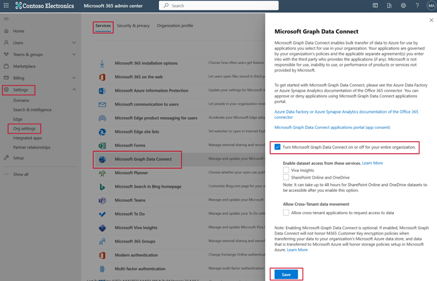 Capture d’écran montrant comment activer la connexion aux données dans le Centre d’administration Microsoft 365.