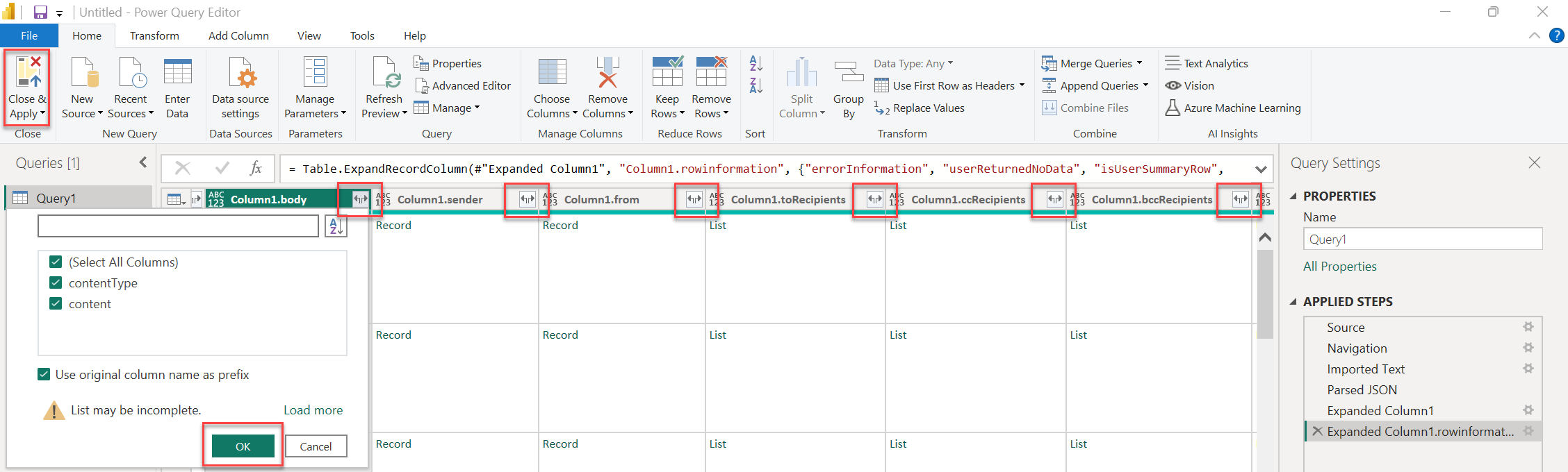 Capture d’écran montrant comment charger toutes les colonnes dans Power BI.