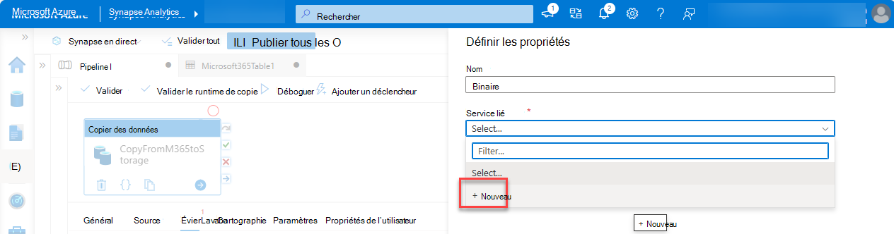 Capture d’écran du volet Définir les propriétés avec le service lié mis en évidence.