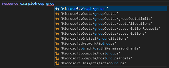 Capture d’écran de la sélection de groupes Microsoft Graph pour le type de ressource.