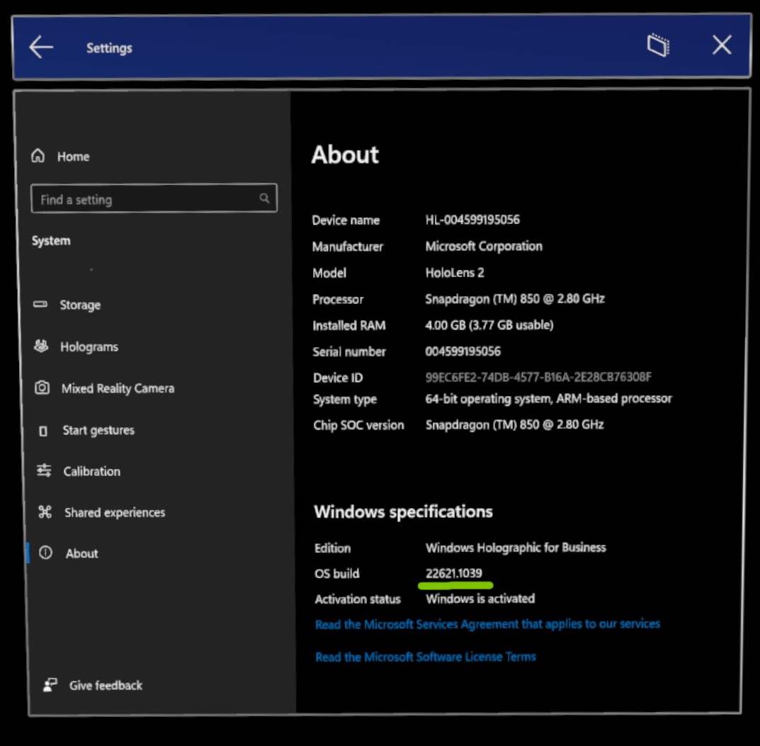 Capture d’écran du numéro de version HoloLens dans l’application Paramètres.