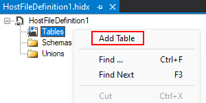 Capture d’écran montrant main mode Création, le menu contextuel Tables et l’option sélectionnée pour Ajouter une table.