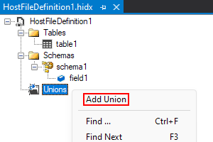 Capture d’écran montrant main mode Création, le menu contextuel Unions et l’option sélectionnée pour Ajouter une union.