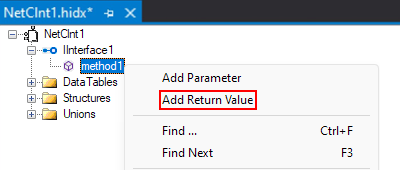 Capture d’écran montrant main mode Création, le menu contextuel de méthode et l’option sélectionnée pour Ajouter une valeur de retour.