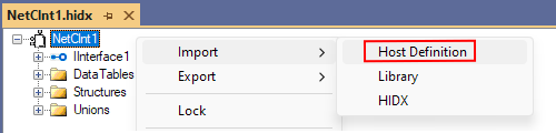 Capture d’écran montrant le menu contextuel du nœud du composant Visual Studio, HIS et sa vue de création NetCInt1 avec l’option Importer, définition d’hôte sélectionnée.