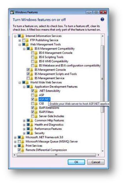 Screenshot of the Windows Features pane with the A S P dot Net development feature selected in the expanded menu.