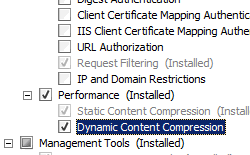 Capture d’écran du nœud Performances développé dans la page Ajouter des services de rôle avec compression de contenu dynamique mise en surbrillance.