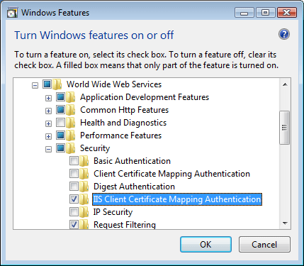 Screenshot of the expanded Security folder, showing the highlighted I I S Client Certificate Mapping Authentication folder.