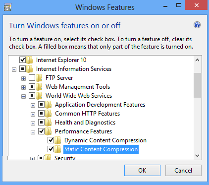 Capture d’écran de la boîte de dialogue Fonctionnalités Windows avec compression de contenu dynamique et compression de contenu statique sélectionnée.