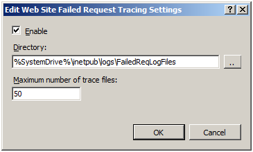 Screenshot of the Edit Web Site Failed Request Tracing Settings dialog box.