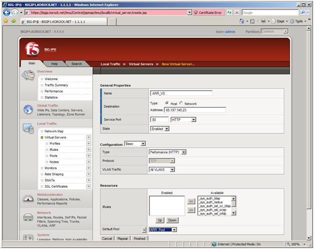 Screenshot of the F five web page. In the Local Traffic box, Virtual Servers is selected. In the Default Pool box, A R R Pool is selected.