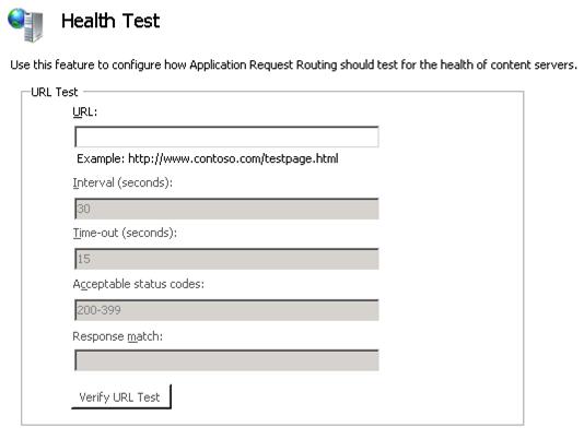 Capture d’écran du volet Test d’intégrité avec les options par défaut et aucun U R L spécifié dans la section Test U R L.