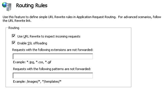 Capture d’écran de la page Règles de routage. Les case activée boxes en regard de l’utilisation de la réécriture U R L pour inspecter les requêtes entrantes et activer le déchargement S L sont tous les deux case activée ed.