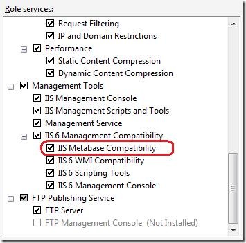 Capture d’écran du volet Services de rôle avec un focus sur l’option I S Metabase Compatibility.