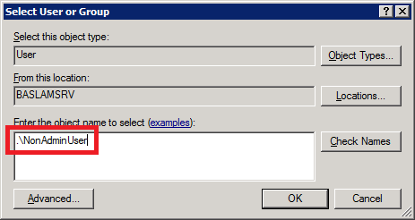 Capture d’écran de la boîte de dialogue Sélectionner un utilisateur ou un groupe. Non Administration’utilisateur est entré et mis en surbrillance dans le nom de l’objet Entrer le nom de l’objet pour sélectionner la zone de texte.
