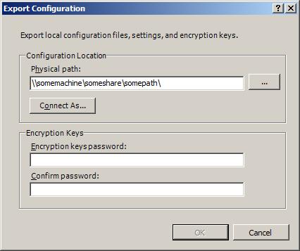 Capture d’écran de la boîte de dialogue Exporter la configuration avec des champs pour le mot de passe emplacement de configuration et clés de chiffrement affichés.