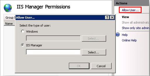 Capture d’écran de la page I S Manager Permissions et du volet Actions. L’option Autoriser l’utilisateur est mise en surbrillance. La boîte de dialogue Autoriser l’utilisateur s’affiche. I I S Manager est sélectionné.