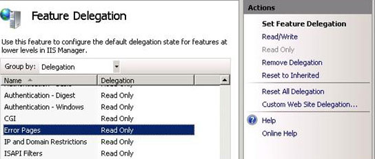 Capture d’écran de la liste de délégations de fonctionnalités avec pages d’erreur sélectionnées montrant les options disponibles sous Définir les délégations de fonctionnalités.