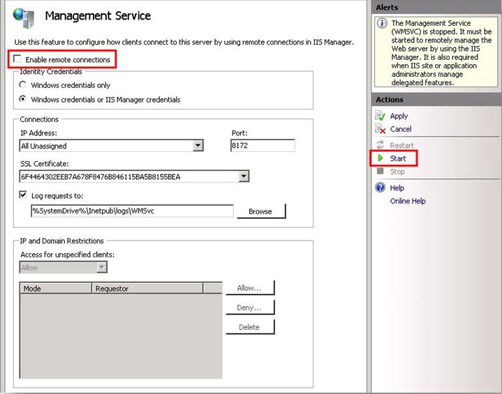 Capture d’écran de la page des fonctionnalités du service de gestion. L’option Activer les connexions distantes est mise en surbrillance. Dans le volet Actions, l’option Démarrer est mise en surbrillance.