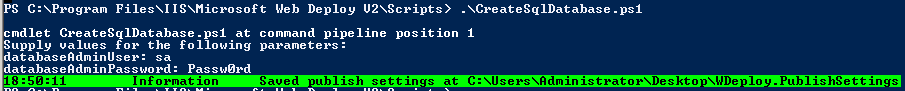 Capture d’écran d’une console PowerShell avec script et sortie avec connexion au fichier de paramètres de publication existant.