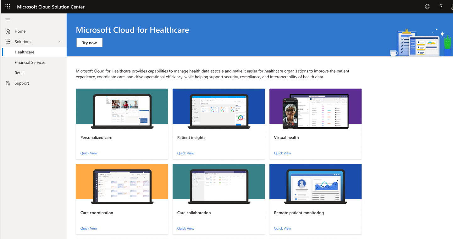 Capture d’écran de la page Microsoft Cloud for Healthcare.