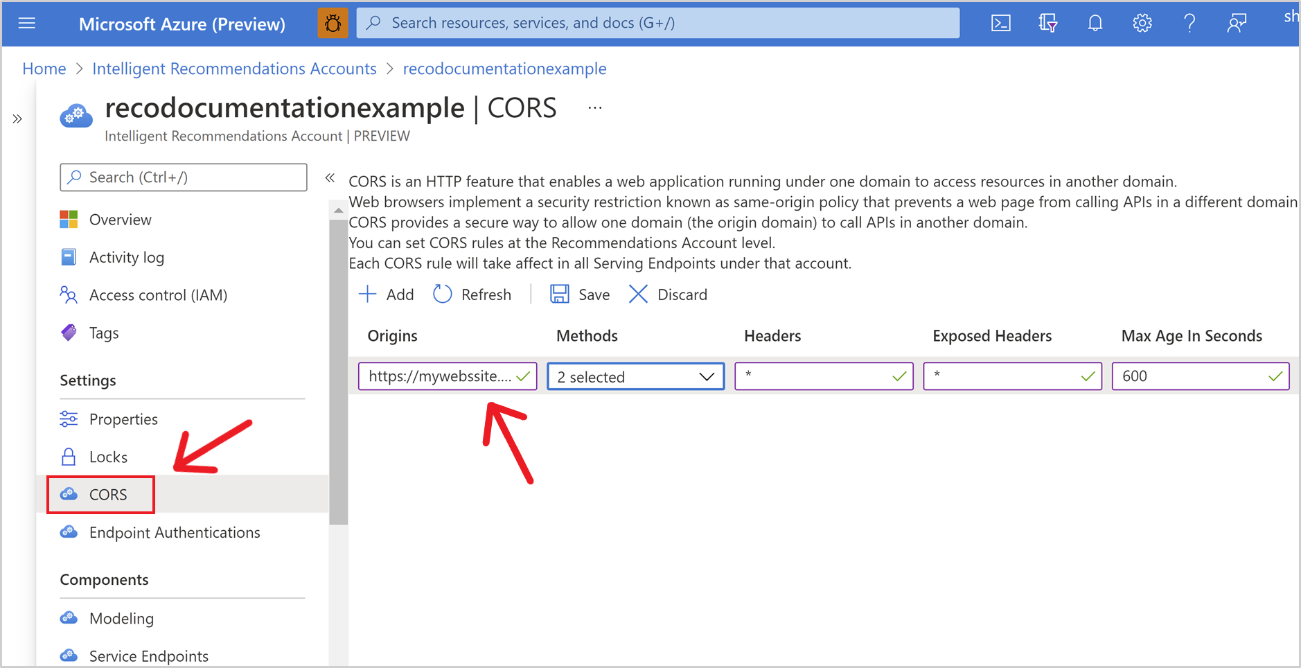 Configurez CORS depuis votre compte Recommandations intelligentes