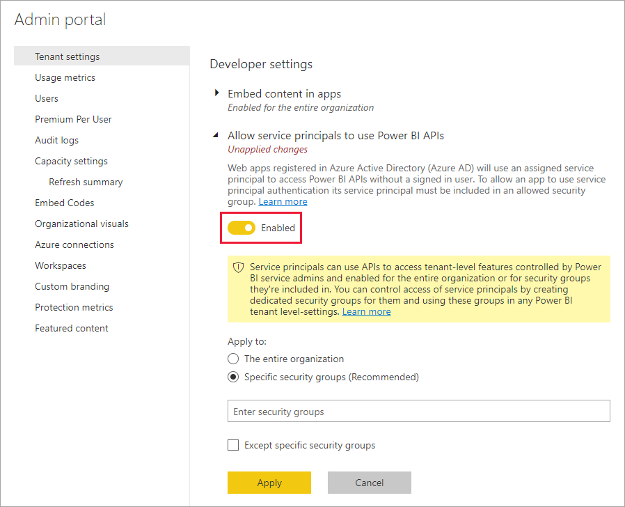 L’image montre comment autoriser les principaux de service à utiliser les API Power BI.