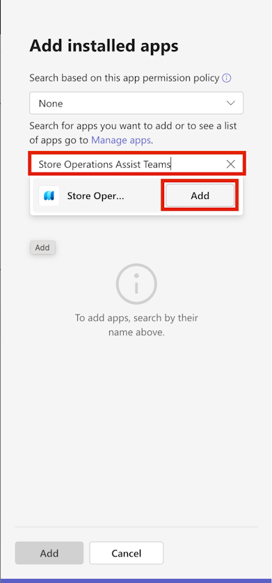 Capture d’écran de Store Operations Teams avec le bouton Ajouter.