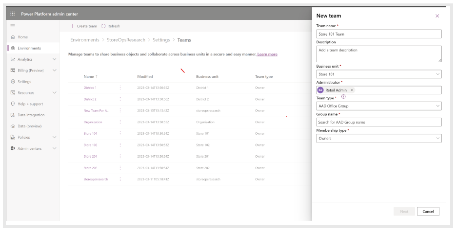 L’image montre comment configurer des équipes dans Store Operations.