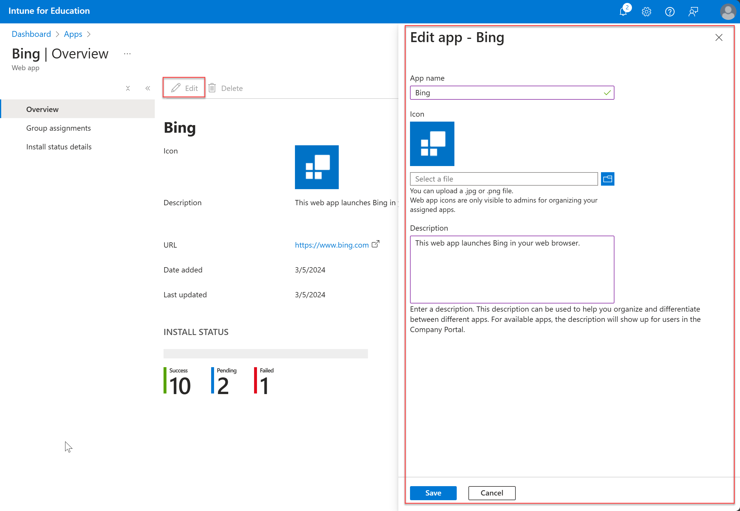 Capture d’écran mettant en évidence le bouton Modifier et le volet d’édition de l’application web sélectionnée.