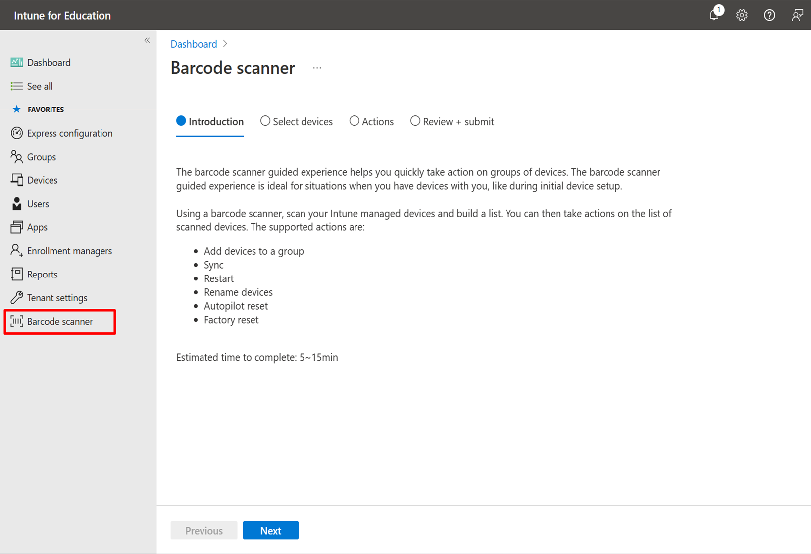 Exemple d’image mettant en surbrillance l’option de menu « Scanneur de codes-barres » et la page d’introduction du scanneur de codes-barres.