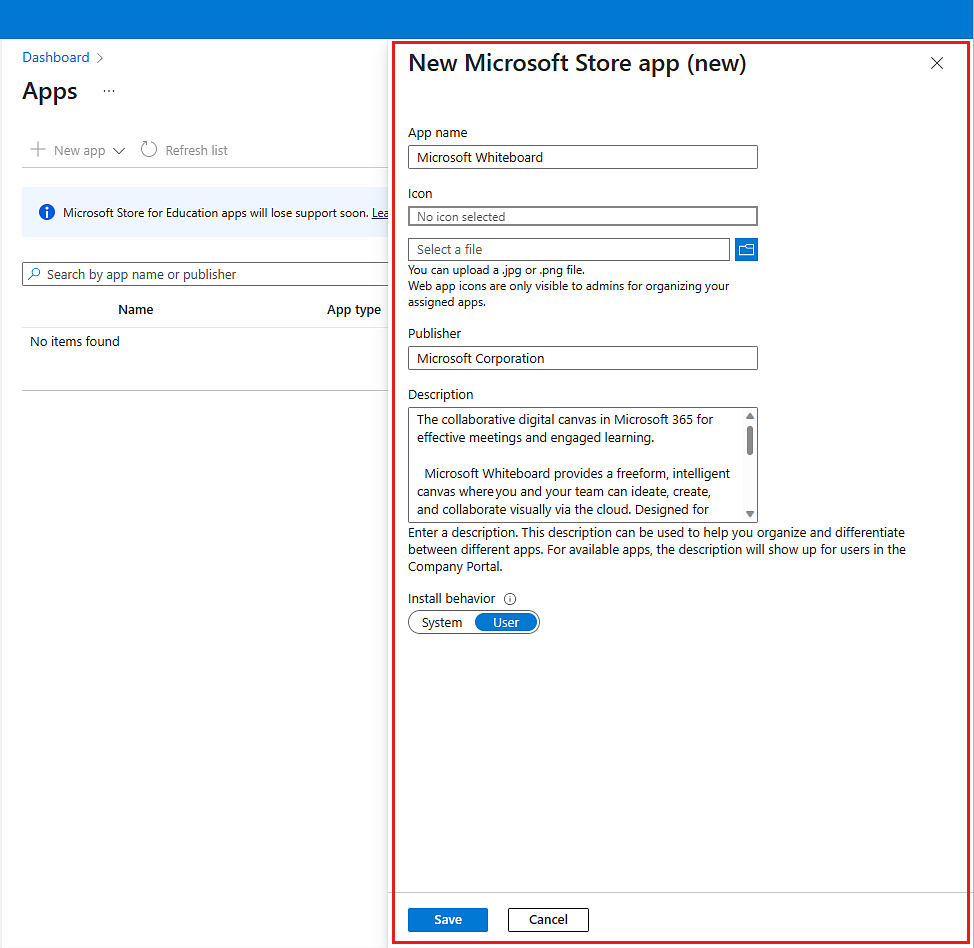 Exemple d’image du volet des propriétés de l’application pour une nouvelle application du Microsoft Store qui montre toutes les propriétés renseignées et prêtes à être enregistrées.