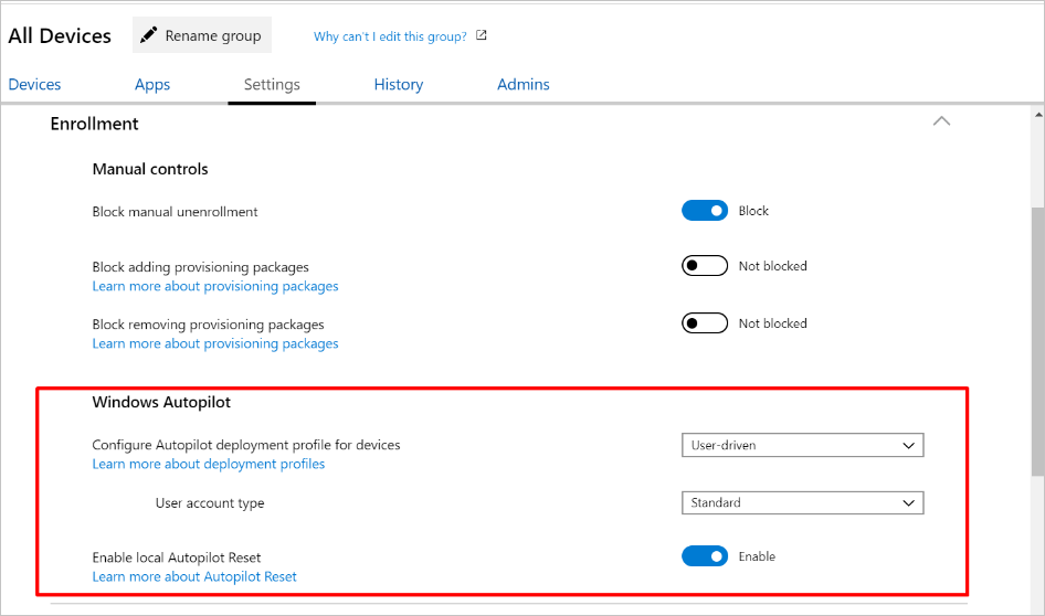 Capture d’écran du groupe Tous les appareils, paramètres d’inscription, mettant en surbrillance la section Windows Autopilot.