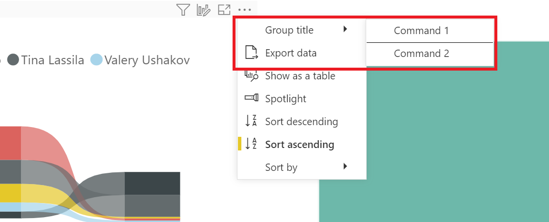 Capture d’écran montrant un visuel Power BI avec deux commandes ajoutées sous-menu.