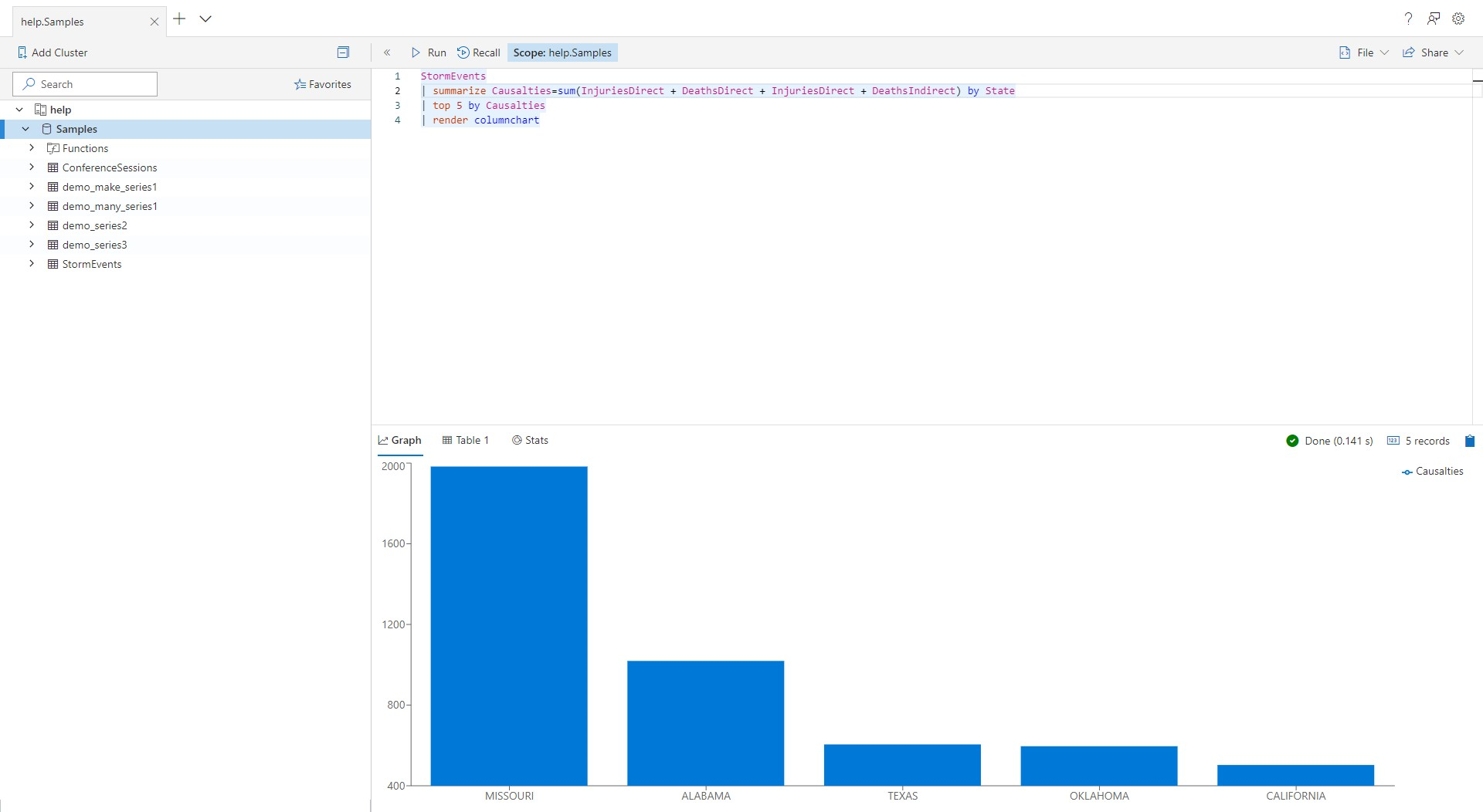 Capture d’écran de l’U I web Azure Data Explorer.