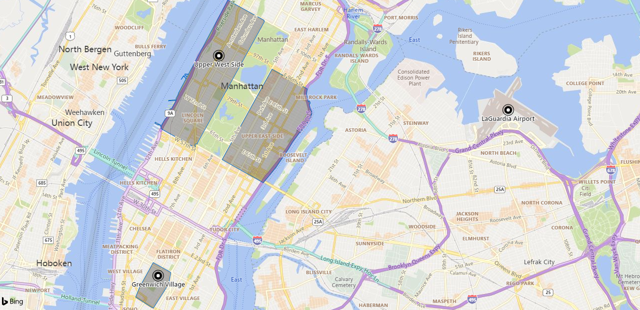 Capture d’écran d’une carte de la région de Manhattan, avec des marqueurs pour le Upper West Side, Greenwich Village et un aéroport. Trois quartiers apparaissent grisés.