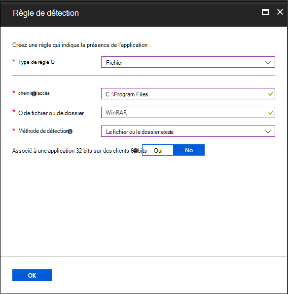 Capture d'écran du volet des règles de détection – existence du dossier.