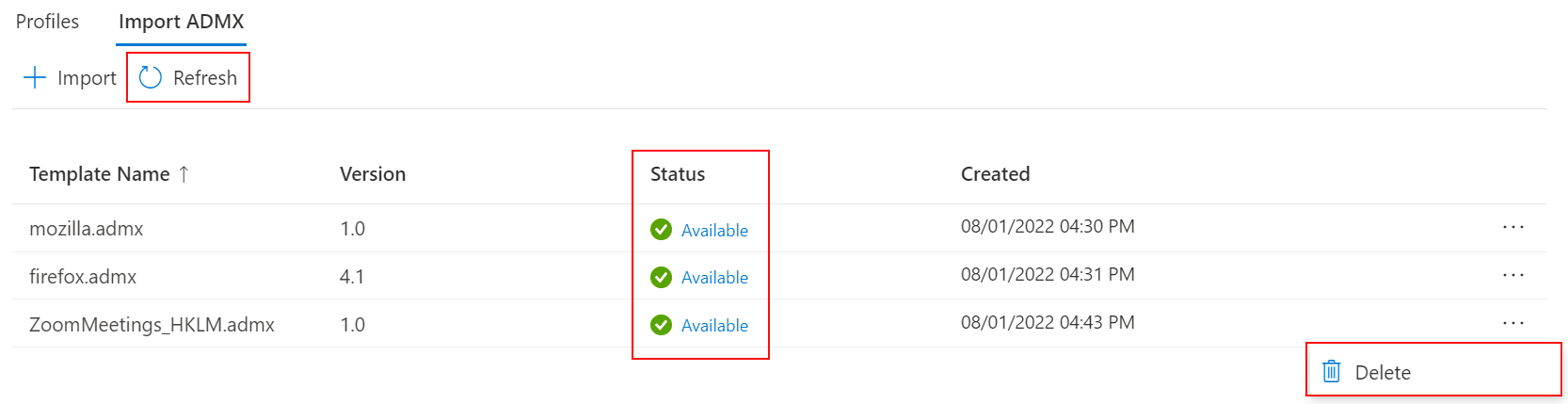 Capture d’écran montrant comment actualiser et supprimer des modèles d’administration ADMX et ADML personnalisés importés dans Microsoft Intune et le Centre d’administration Intune.