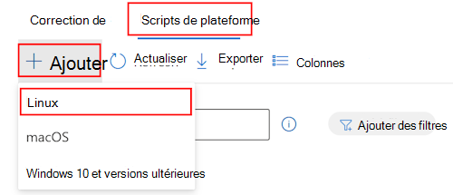 Capture d’écran montrant comment sélectionner des appareils, des scripts, ajouter et sélectionner Linux dans la liste déroulante pour ajouter un script Bash personnalisé dans Microsoft Intune.