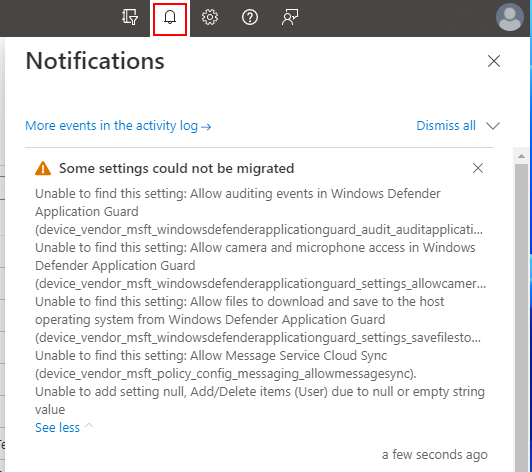 Capture d’écran montrant des notifications avec des informations supplémentaires lors de la création de la stratégie dans Microsoft Intune.