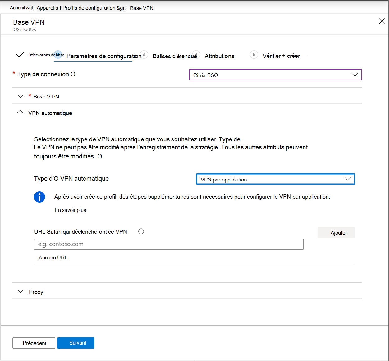 Capture d’écran montrant le VPN automatique défini sur VPN par application sur les appareils iOS/iPadOS dans Microsoft Intune.