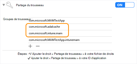 Sdk d’application Intune iOS : partage de trousseau