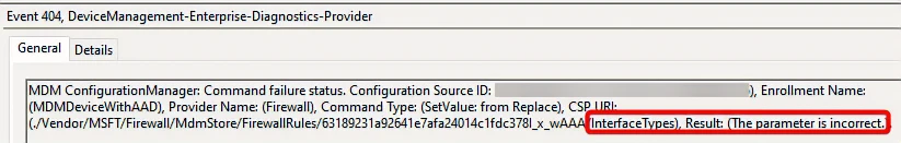 Capture d’écran de l’échec des types d’interface