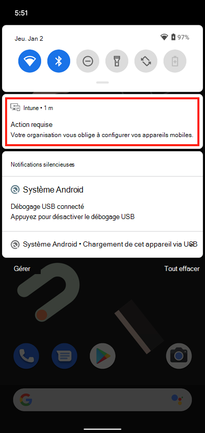 Capture d’écran de la notification Push de l’application Intune sur l’écran d’accueil de l’appareil.