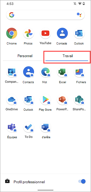 Capture d’écran de l’onglet Travail dans le tiroir d’application sur Google Pixel 4.