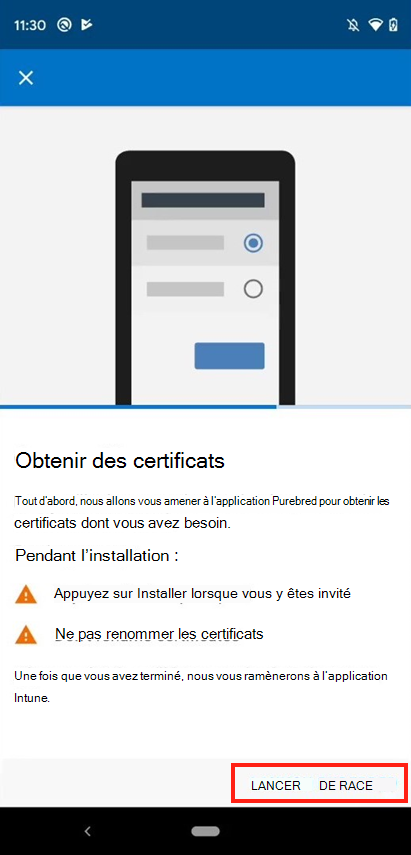 Capture d’écran de l’invite de l’application Intune pour ouvrir l’application DISA Purebred.