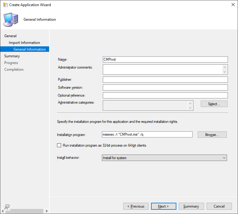 Page Informations générales de l’Assistant Création d’une application.