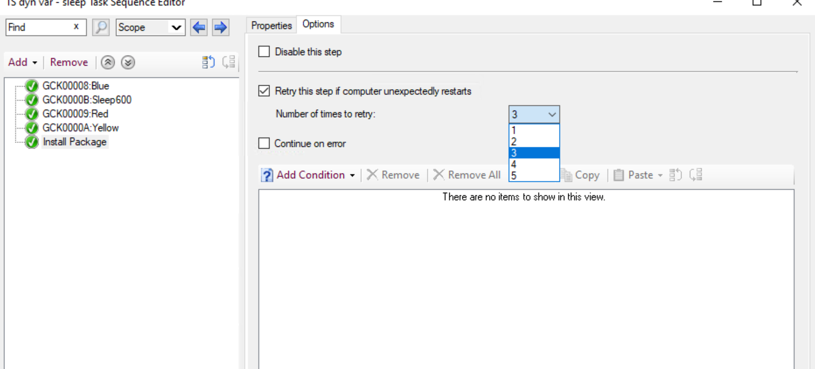 Capture d’écran des modifications apportées à la variable dynamique dans la séquence de tâches dans la console CM.